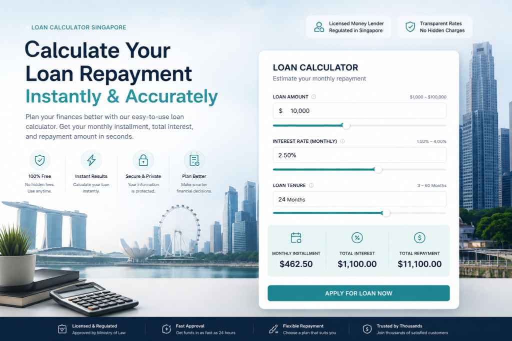 Loan calculator Singapore showing monthly repayment and installment estimation for personal loans